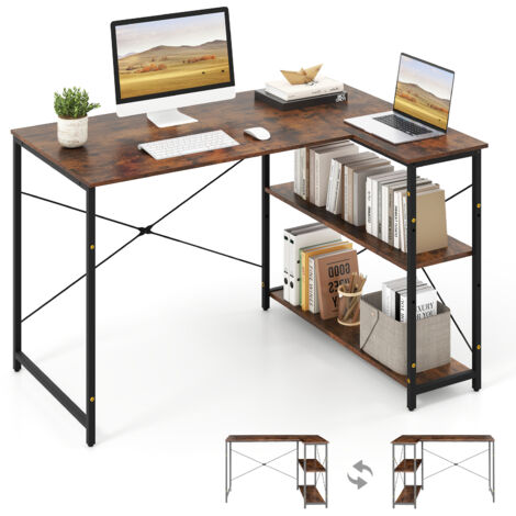 COSTWAY L-shaped Computer Desk Reversible Corner Desk w/Adjustable Shelf-Coffee