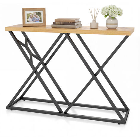 COSTWAY 55in Long Console Table Sturdy Iron Wood Accent Table for Behind Sofa Brown (1/5)
