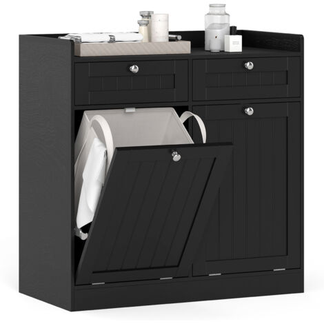 COSTWAY Double Tilt-Out Laundry Hamper Cabinet with 2 Drawers-Black
