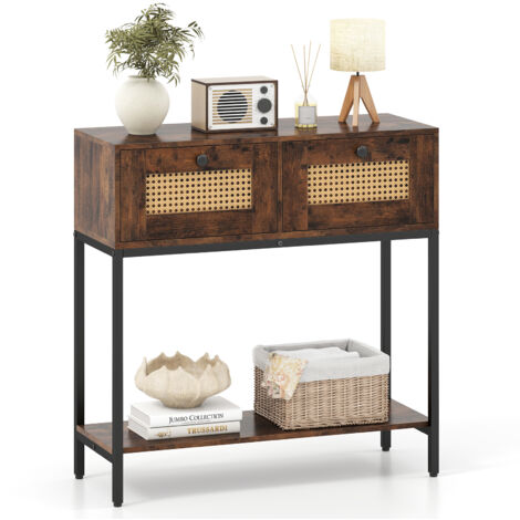 COSTWAY 80 CM Boho Console Table 2-Tier Modern Narrow Entryway Table-Brown (1/5)