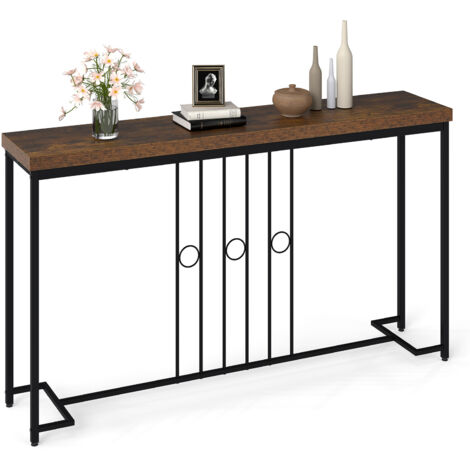COSTWAY Narrow Console Table 140x29.5cm H-Shaped Base for Living Room Bedroom Brown