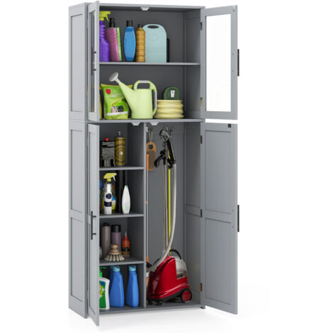 COSTWAY Broom Closet Storage Cabinet Wooden Utility Organizer w/Doors-Grey