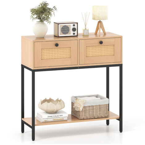COSTWAY 80 CM Boho Console Table 2-Tier Modern Narrow Entryway Table-Natural (1/5)
