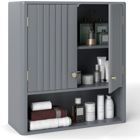 COSTWAY Fluted Bathroom Wall Cabinet Modern Double Door Medicine Cabinet-Grey (1/5)