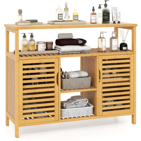 COSTWAY Bamboo Bathroom Cabinet 2-Door Storage Organizer with Shelves-Natural