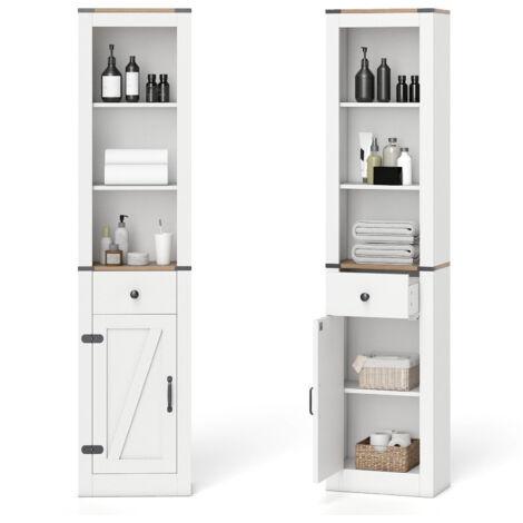 COSTWAY 173cm Tall Bathroom Cabinet Narrow Slim Storage Organizer Unit-White
