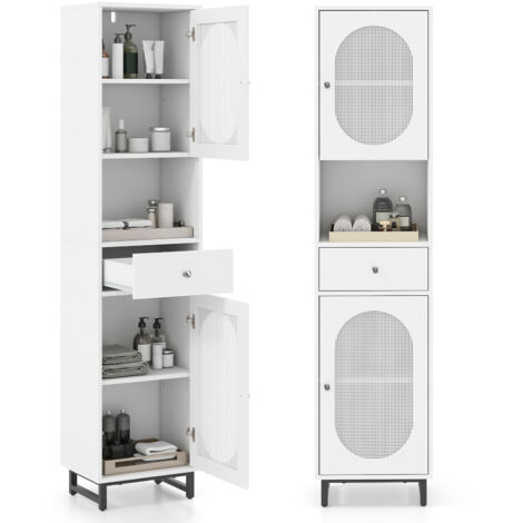 COSTWAY 170cm Tall Bathroom Cabinet PE Rattan Floor Cabinet w/ 2 Doors-White (1/5)