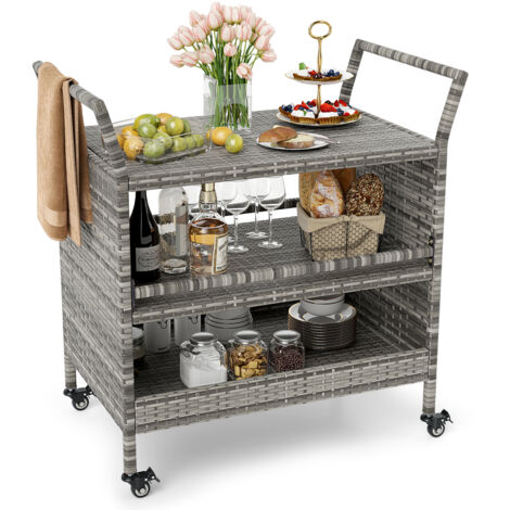 COSTWAY Outdoor Bar Cart 3-Tier Patio Rattan Storage Shelf with Wheels-Mix Grey (1/5)