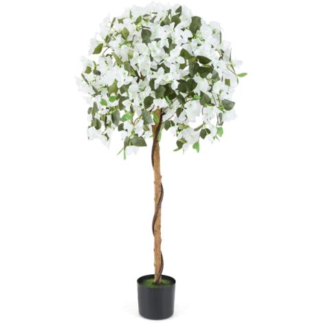 COSTWAY 130cm Artificial Azalea Tree Faux Silk Floral Tree in Pot-White (1/5)