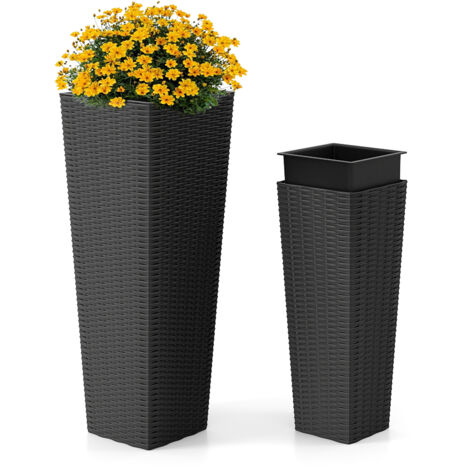 COSTWAY Rattan Tall Planter Set of 2 Outdoor Large Tapered Planters-Black
