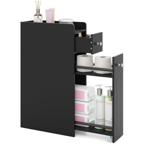 COSTWAY 4-Tier Narrow Toilet Side Storage Cabinet w/Slide Out Drawers-Black (1/5)