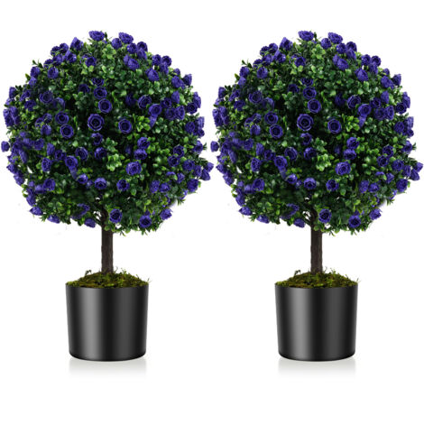 COSTWAY Set of 2 Artificial Purple Rose Topiary Ball Trees w/Cement-Filled Pot (1/5)