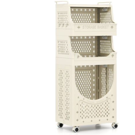 COSTWAY 4 Tier 61L Folding Laundry Cart with Wheels 2 Baskets 6 Hooks Beige (1/5)