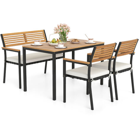 COSTWAY 4-Piece Patio Dining Set Outdoor Wood Metal Furniture-White (1/5)