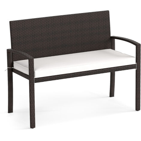 COSTWAY Patio Rattan Loveseat Wicker 2-Seat Bench w/Soft Seat Cushion-White