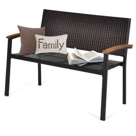 COSTWAY Outdoor Garden Stackable Bench All-Weather PE Wicker Loveseat-Mix Brown