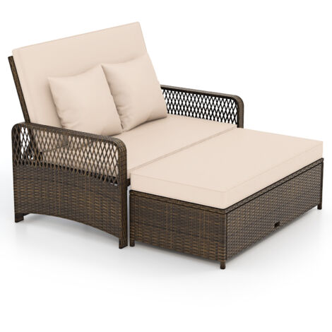COSTWAY Patio Rattan Daybed 2-Piece Outdoor Wicker Loveseat Sofa Furniture
