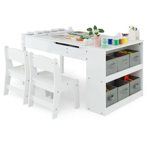 COSTWAY 2-in-1 Kids Wooden Art Table and Art Easel Set w/Chairs Storage Bins Paper Roll (1/5)