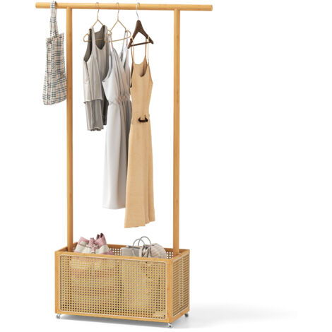 COSTWAY Bamboo Clothes Rack Coat Hanger Stand with Rattan Storage Basket-Natural (1/5)