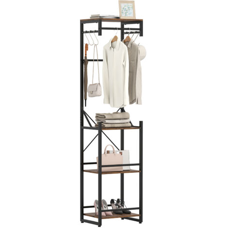 COSTWAY Freestanding Coat Rack Slim Hall Tree with 4 Storage Shelves-Brown (1/5)