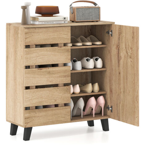 COSTWAY 4 Tier Shoe Cabinet with 2 Doors 80x33x87cm Farmhouse Style Natural