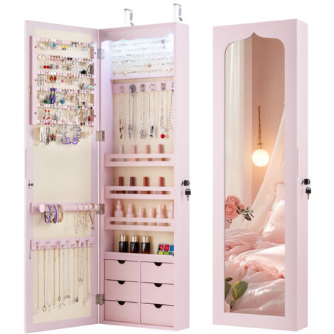 COSTWAY 120CM Jewelry Cabinet with Mirror LED Light 6 Drawers-Pink (1/5)