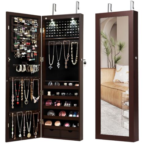 COSTWAY 2 IN 1 Mirror Jewelry Cabinet Wall Mounted/Door Hanging Jewelry Armoire Storage (1/5)