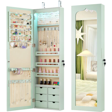 COSTWAY 120CM Jewelry Cabinet with Mirror LED Light 6 Drawers-Green