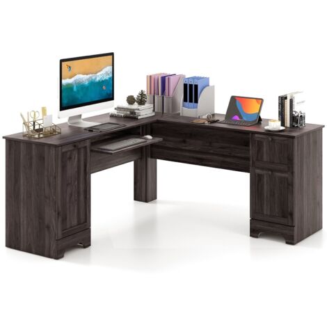 COSTWAY L-Shaped Corner Computer Desk Home Office Study Workstation w/ Cabinet & Drawers