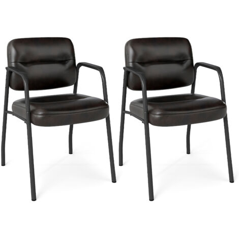 COSTWAY Waiting Room Chair No Wheels Set of 2 with Integrated Armrests-Brown (1/5)