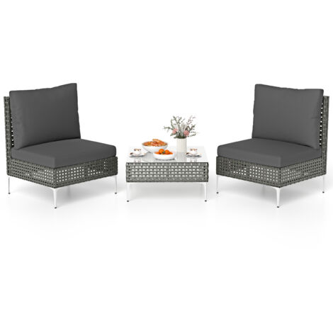 COSTWAY 3 Pieces Patio Bistro Set PE Rattan Furniture Set w/Coffee Table-Grey
