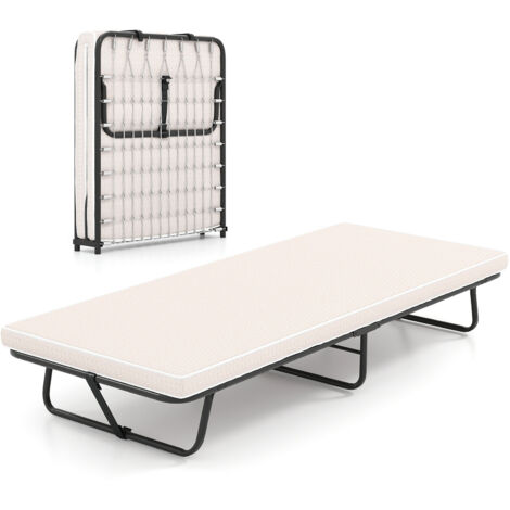 COSTWAY 190 x 80 cm Folding Bed Portable Guest Bed with Mattress-Beige