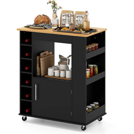COSTWAY Kitchen Island Rolling Storage Cabinet Trolley Cart Shelves-Black (1/5)