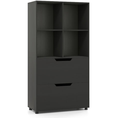 COSTWAY 130CM 5-Tier Tall Freestanding Bookshelf with 2 Drawers-Black (1/5)