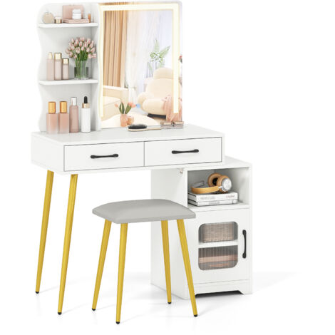 COSTWAY Modern Vanity Set Mirror Lights Dressing Table with Stool Reversible White (1/5)
