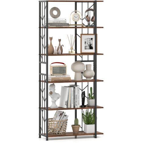COSTWAY 6-Tier Bookshelf Modern Geometric Bookcase-Brown (1/5)