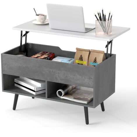COSTWAY Lift Top Coffee Table Mid Century Modern Accent Table w/Shelves-Grey