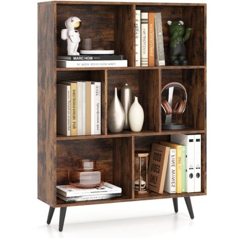 COSTWAY 7-Cube Bookcase Mid Century Modern Storage Organizer-Brown (1/5)