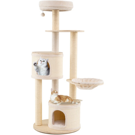COSTWAY 152CM Tall Cat Tree Wooden Kitten Tower w/Sisal Scratching Posts-Natural (1/5)
