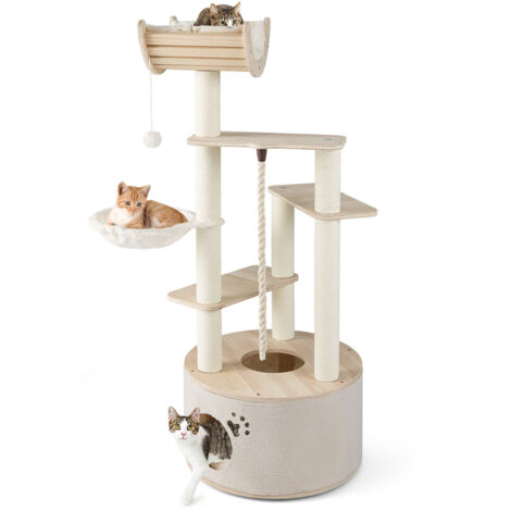 COSTWAY 141cm Tall Wooden Cat Tree Indoor Cats Multi-Level Kitten Tower