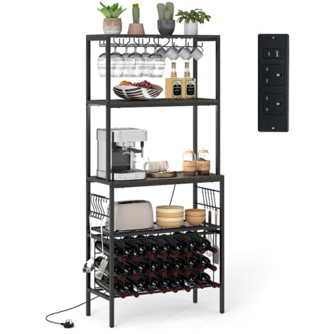 COSTWAY Wine Organizer Bar Multi-Tier Bakers Rack with Power Outlet-Grey (1/5)