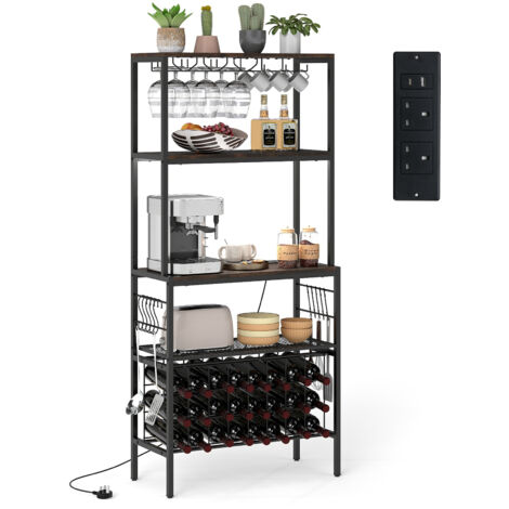 COSTWAY Wine Organizer Bar Multi-Tier Bakers Rack with Power Outlet-Brown (1/5)