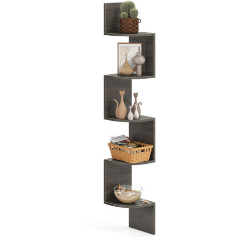 COSTWAY 5-Tier Corner Shelf Wall Mount Floating Corner Bookshelf-Grey (1/5)