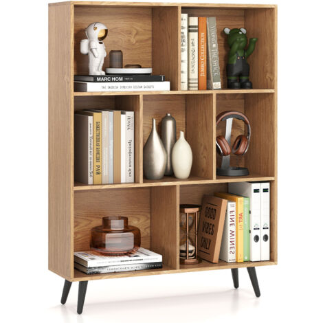 COSTWAY 7-Cube Bookcase Mid Century Modern Storage Organizer-Natural (1/5)