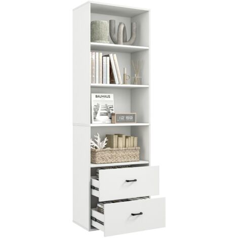 COSTWAY 6-Tier Tall Bookshelf Wood Bookcase Organizer Display Storage Shelf W/ 2 Drawers (1/5)