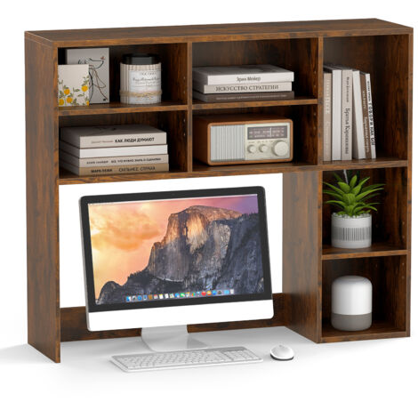 COSTWAY Desktop Bookshelf Desk Hutch with 3 Adjustable Shelves-Brown