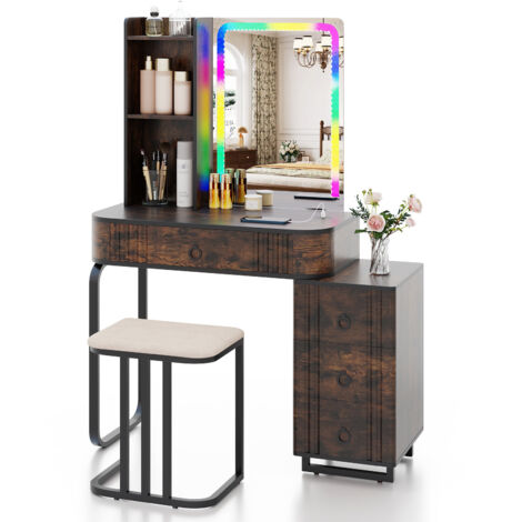 COSTWAY RGB Vanity Table Set Bedroom Dressing Table w/ Mirror & Lights-Brown