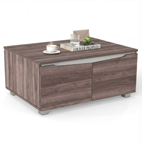 COSTWAY Farmhouse Style Accent Coffee Table with 4 Doors Storage MDF Construction Walnut (1/5)