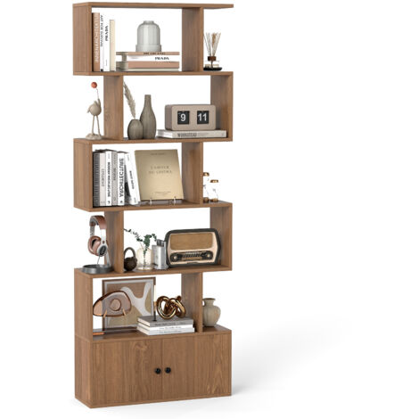 COSTWAY 6-Tier Bookshelf with Cabinet Anti-Tipping Device Tall Storage Shelf Natural (1/5)