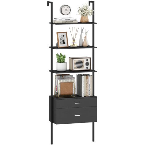 COSTWAY 6-Tier Ladder Bookcase 184cm Tall Wall-Mounted Bookshelf w/Drawers-Black (1/5)